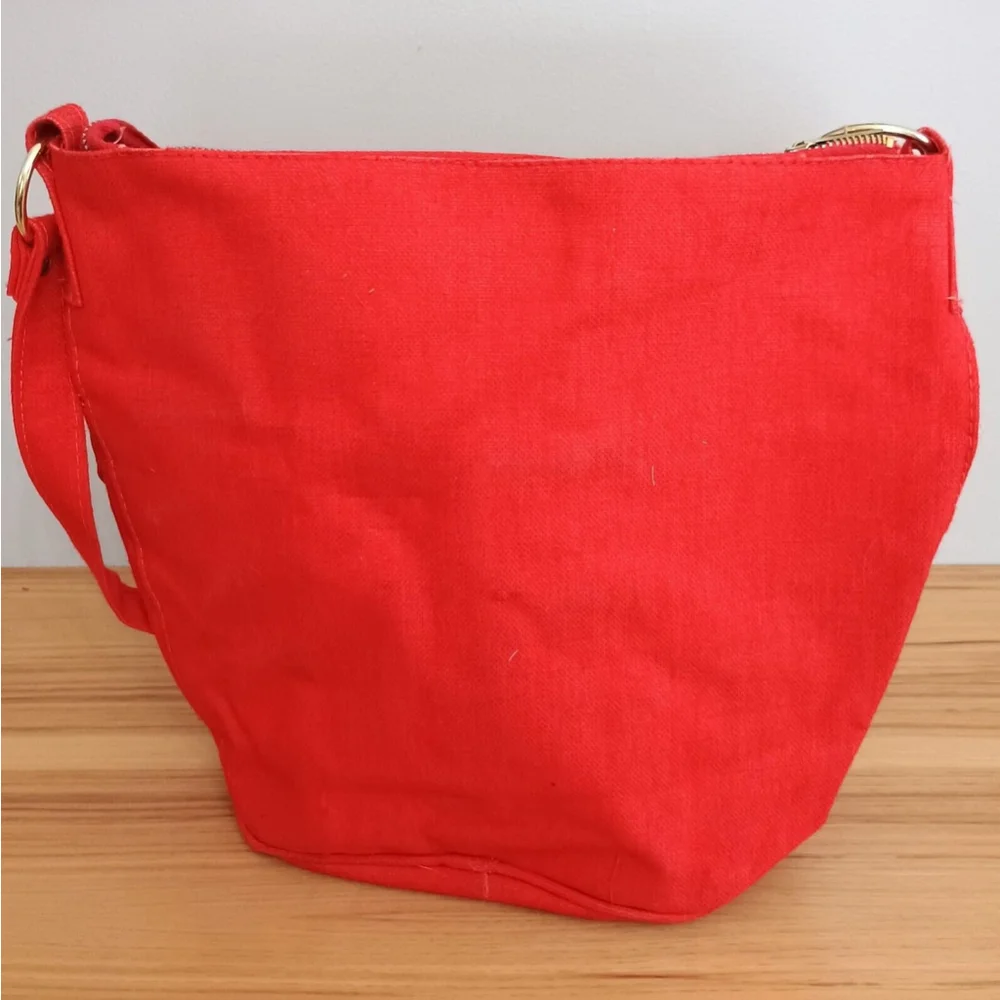 Vintage 80s 90s Red Canvas Crossbody Bag Purse Front Pockets Floral Embroidery